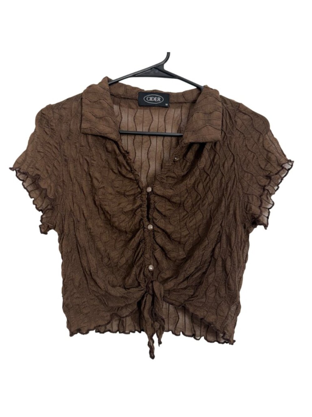 Cider Brown Sheer Ruched Button-Up Tie Front Crop Top Size M - Picture 9 of 10